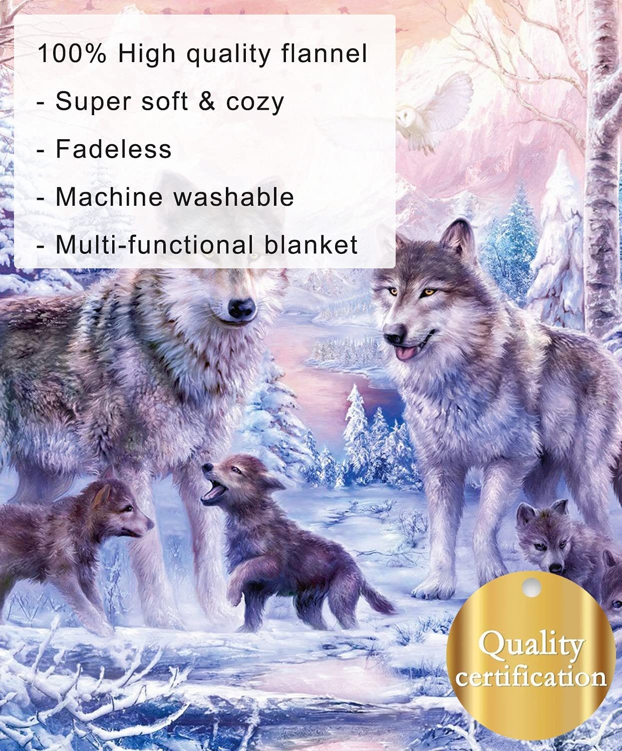 KYKU Pink Wolf Blankets and Throws - Fleece Wolves Blanket Snow Decorative Animal for Adults and Kids Family Love Design Pretty Art Gift Home Decorative Living Room Sofa Hug Plush Soft Beding Nap Cozy