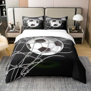 Boys Football Print Cotton Duvet Cover Set Full Size Sports Theme Beding Set for Kids Teens Bedroom Decor Cool Modern Black White Soccer Design Comforter Cover Ball Game Competition Bedspread Cover