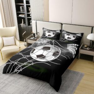 Boys Football Print Cotton Duvet Cover Set Full Size Sports Theme Beding Set for Kids Teens Bedroom Decor Cool Modern Black White Soccer Design Comforter Cover Ball Game Competition Bedspread Cover