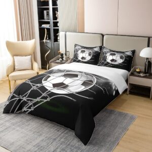 Boys Football Print Cotton Duvet Cover Set Full Size Sports Theme Beding Set for Kids Teens Bedroom Decor Cool Modern Black White Soccer Design Comforter Cover Ball Game Competition Bedspread Cover