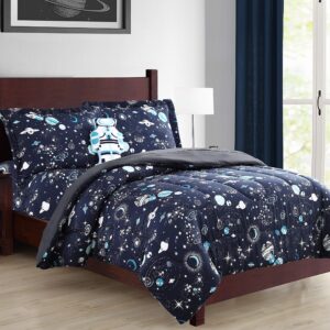 LinenTopia 8 Piece Space Navy Queen Bedding Set for Boys, Bed in a Bag, Kids Comforter Set with Bed Sheets, Pillow Case, Toy Pillow, Planets, Solar System Bedroom Kit for Toddlers, Queen Size