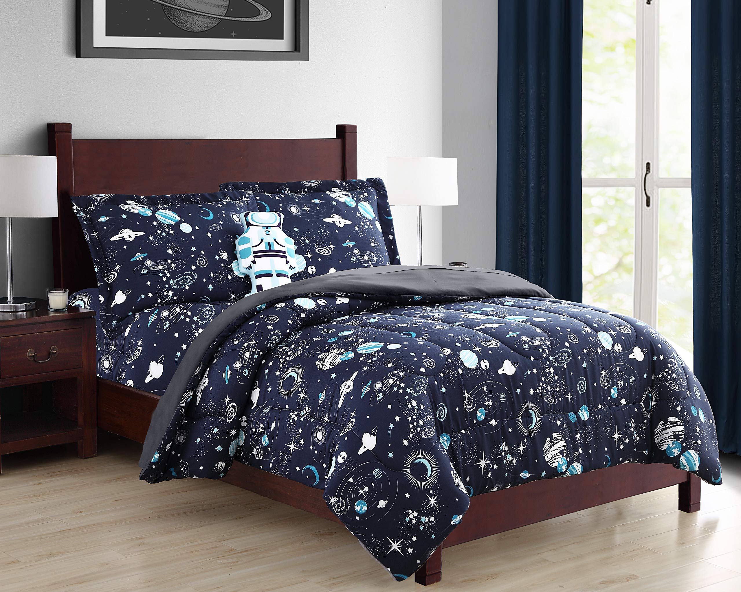 LinenTopia 8 Piece Space Navy Queen Bedding Set for Boys, Bed in a Bag, Kids Comforter Set with Bed Sheets, Pillow Case, Toy Pillow, Planets, Solar System Bedroom Kit for Toddlers, Queen Size