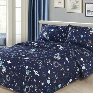 LinenTopia 8 Piece Space Navy Queen Bedding Set for Boys, Bed in a Bag, Kids Comforter Set with Bed Sheets, Pillow Case, Toy Pillow, Planets, Solar System Bedroom Kit for Toddlers, Queen Size