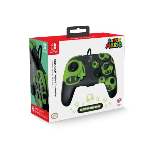 PDP REMATCH Enhanced Wired Power Nintendo Switch Pro Controller, Officially Licensed Switch Lite/OLED Compatible Gamepad, Customizable Programmable Buttons, Super Mario 1-UP Mushroom, Glow in the Dark