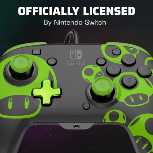 PDP REMATCH Enhanced Wired Power Nintendo Switch Pro Controller, Officially Licensed Switch Lite/OLED Compatible Gamepad, Customizable Programmable Buttons, Super Mario 1-UP Mushroom, Glow in the Dark