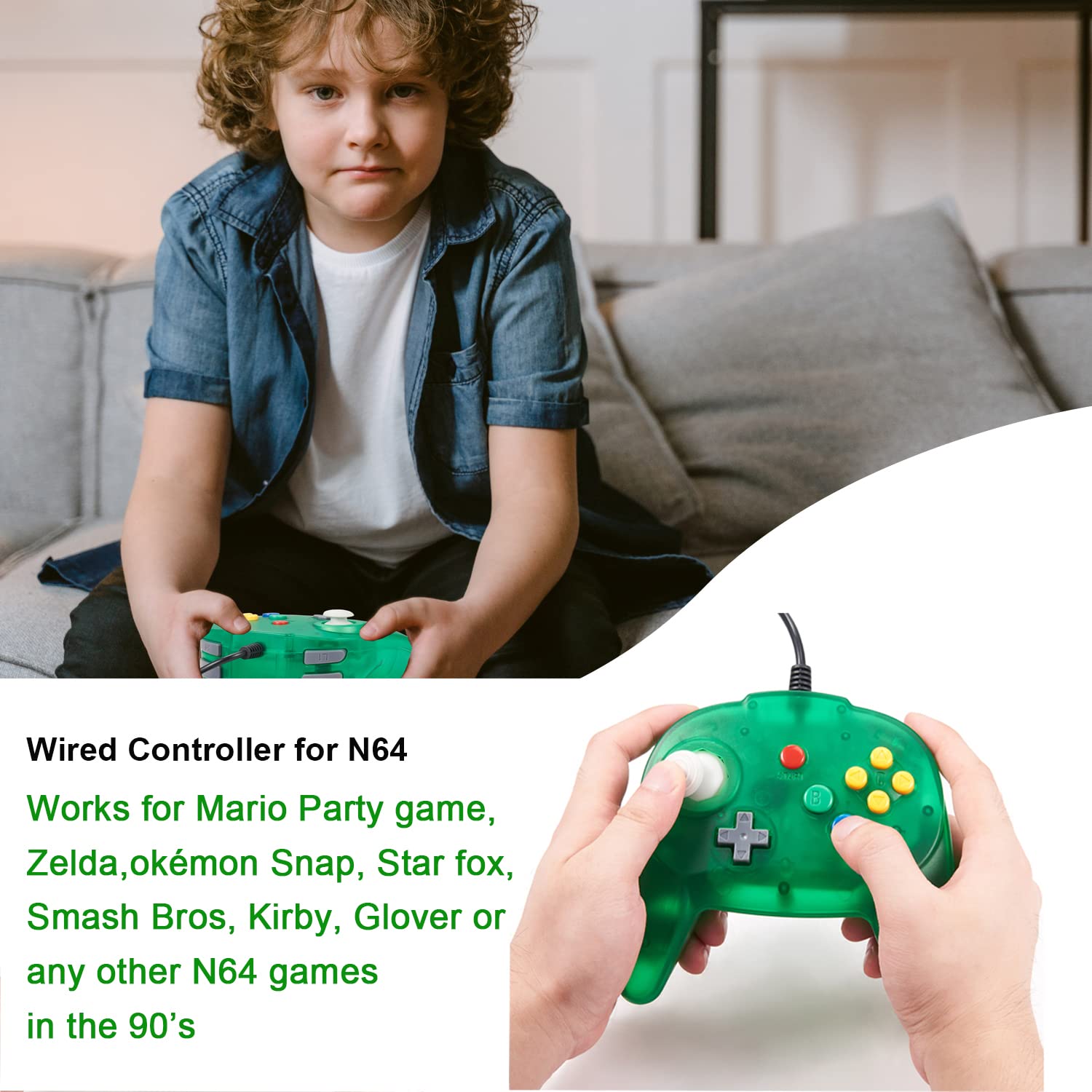 KIWITATA 2 Pack N64 Remote Controller, kiwitatá Retro N64 Wired 64-bit Mini Gamepad Upgraded Joystick Replacement for N64 Console (Clear Green)