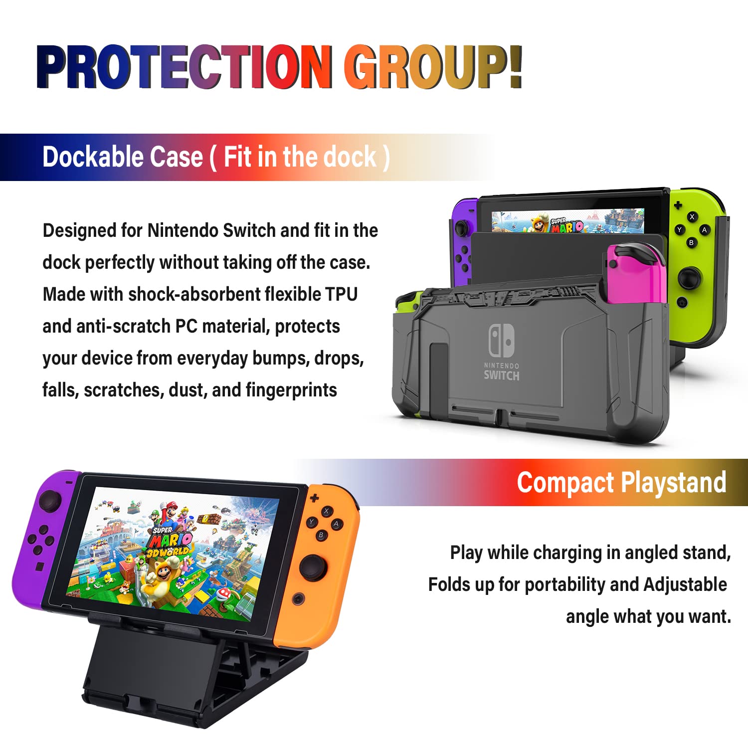 Deruitu Switch Accessories Bundle Compatible with Nintendo Switch, Kit with Carrying Case, Screen Protector, Compact Playstand, Game Case, Joystick Cap, Charging Dock,Steering Wheel, (18 in 1)