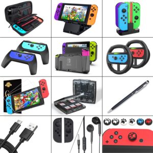 Deruitu Switch Accessories Bundle Compatible with Nintendo Switch, Kit with Carrying Case, Screen Protector, Compact Playstand, Game Case, Joystick Cap, Charging Dock,Steering Wheel, (18 in 1)