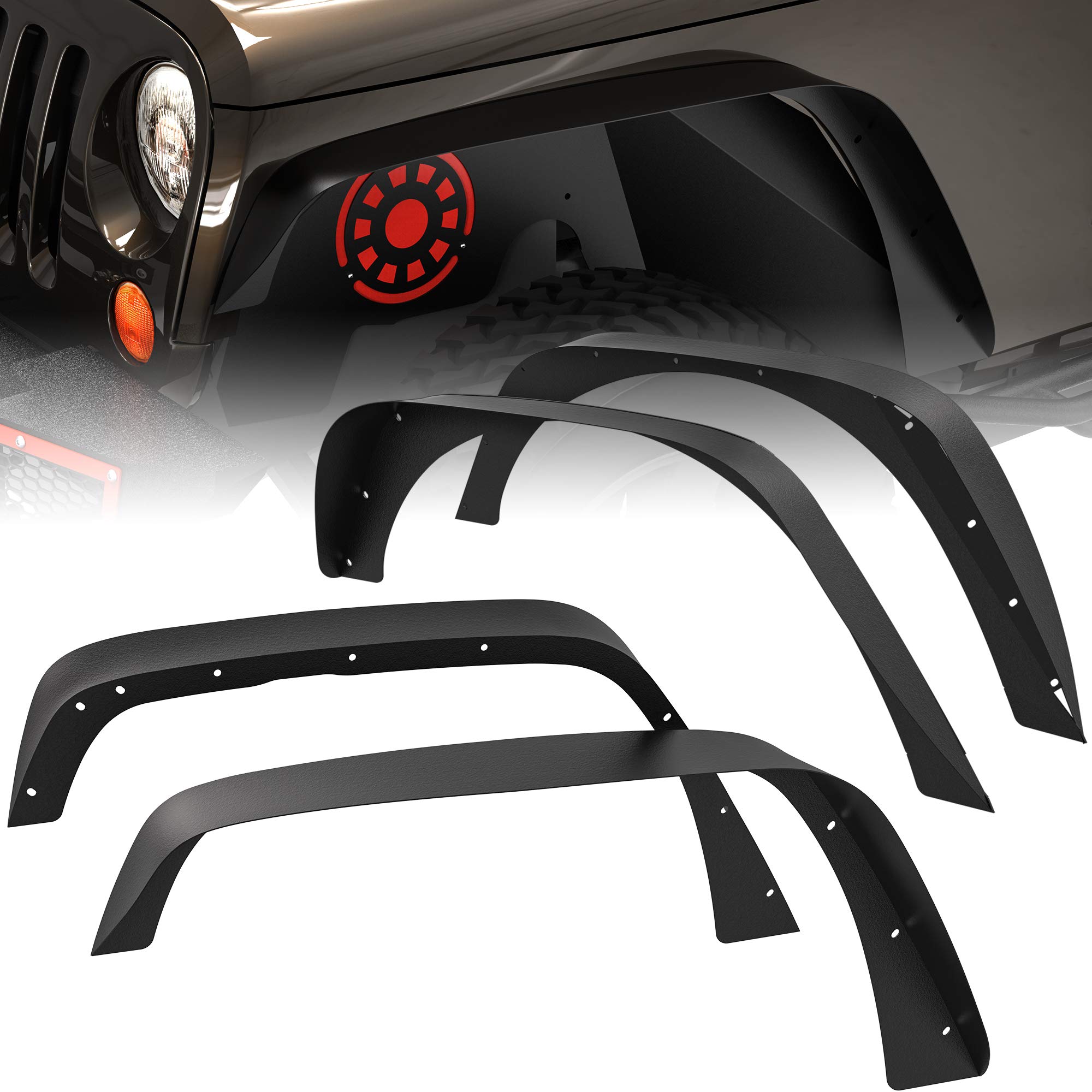 OEDRO Flat Front & Rear Fender Flares Compatible with 2007-2018 Jeep Wrangler JK & JKU Unlimited, 4 PCS Off-Road Steel Liner Set