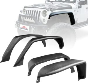 superdrive flat front&rear tubular fender flares excl.led lights mud guards compatible with 2007-2018 jeep wrangler jk&jku 2/4 door, 4 pcs heavy duty solid steel textured black off-road liner set