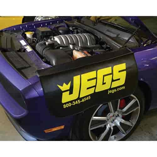 JEGS Fender Cover | Built-In Pocket For Tools | 23” High by 31-1/2 “ Long | Black With JEGS Logo | Heavy-Duty Vinyl | Non-Skid Backing