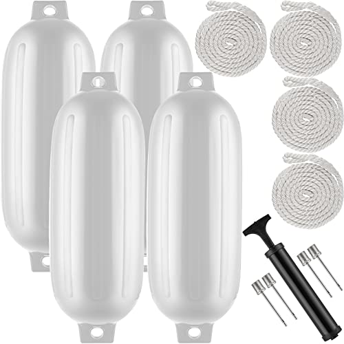 VOYOCHT 8.5 x 27 Inches Twin Eyes Ribbed Boat Fenders 4 Pack Boat Fenders Bumpers with Lines and Pump to Inflate for Docking (White)