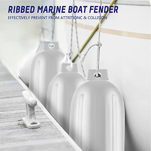 VOYOCHT 8.5 x 27 Inches Twin Eyes Ribbed Boat Fenders 4 Pack Boat Fenders Bumpers with Lines and Pump to Inflate for Docking (White)