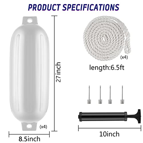 VOYOCHT 8.5 x 27 Inches Twin Eyes Ribbed Boat Fenders 4 Pack Boat Fenders Bumpers with Lines and Pump to Inflate for Docking (White)