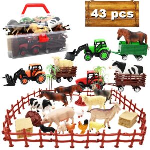 3 pack farm toy tractor with 40pcs plastic animals figurines and fence playset, farm figures farmer vehicle toy truck with trailer for 3-12 years old kids boys girls toddlers