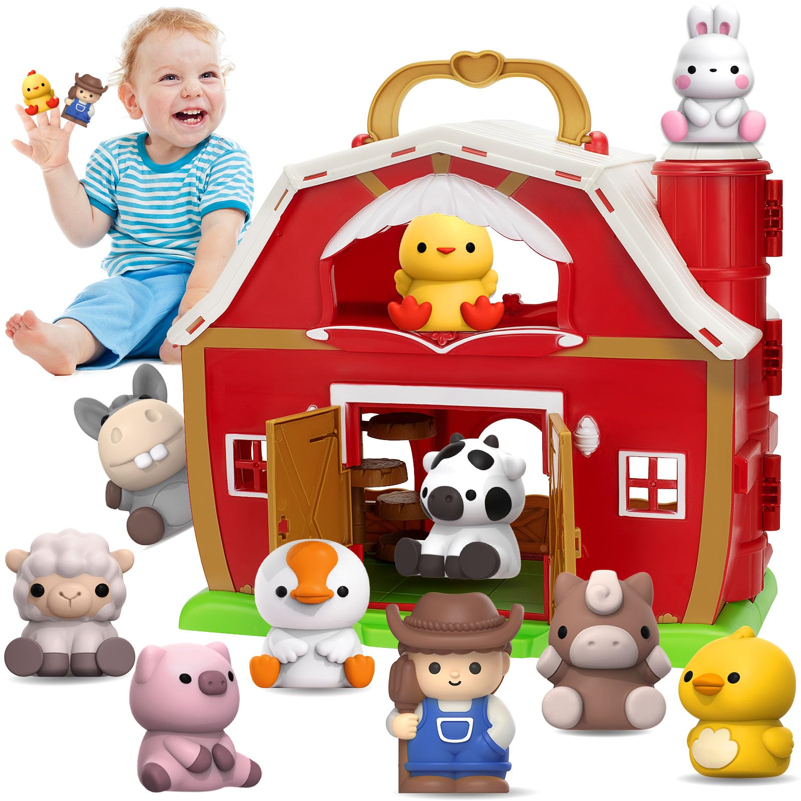 Aigybobo Farm Animals Big Barn Toys for 1 2 3 Year Old, Toddler Montessori Learning Toy, Farm Playset with Animal Figures and DIY Stickers, Christmas Birthday Gift for Baby Boys Girls Age 12-18 Months