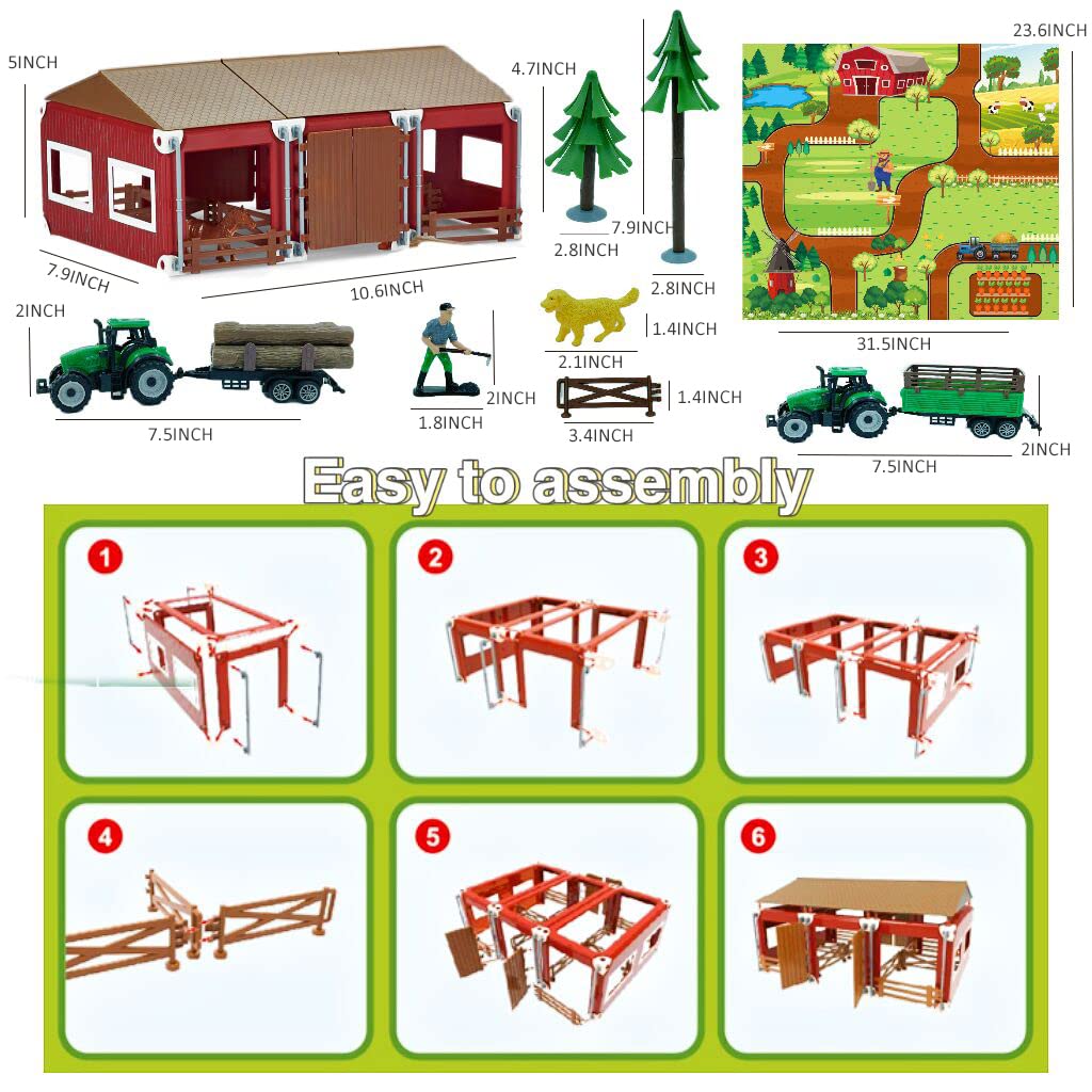 Peagprav Farm Playset Mini Barn Farm Toys 119PCS Plastic Animals Figurines and Fence with Map Figures Farmer Vehicle Truck with Forestry Trailer for 3-12 Years Old Kids Boys Girls Toddlers