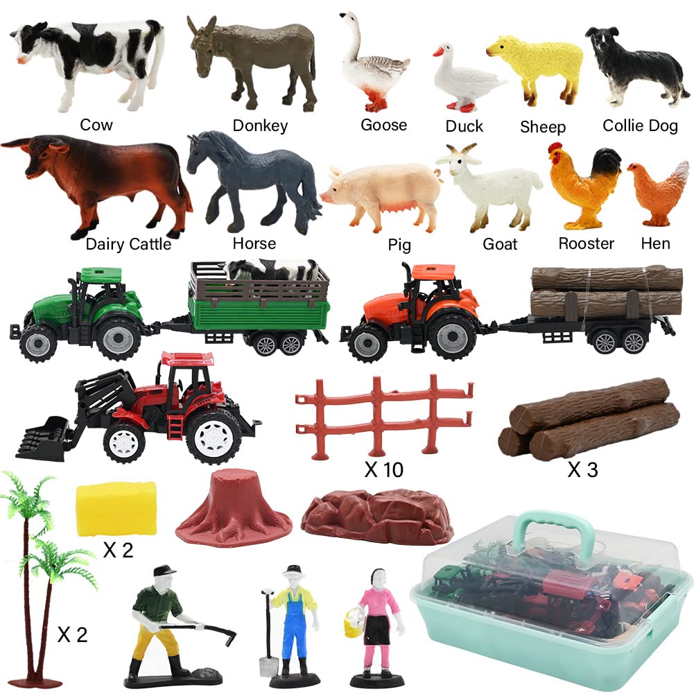 Farm Animals Figures Playset, 40 Pcs Farm Toy Tractor with Plastic Farm Animals Figurines, Farmer and Fence Farm Playset, Farm Figures Farmer Truck Toy with Trailer for Kids Boys Girls Toddlers 3+