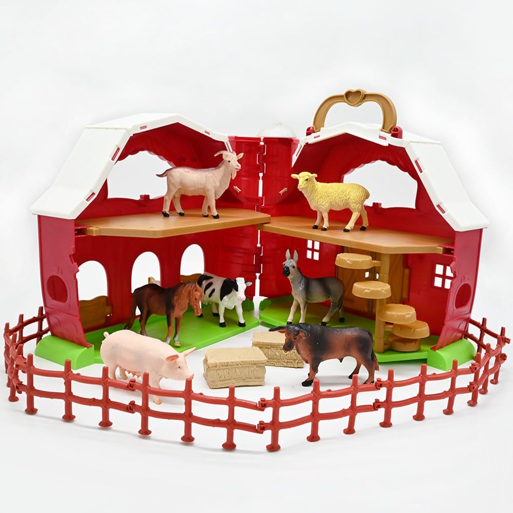 Red Barn and Farm Animal Figures Playset, 20Pack Preschool STEM Toys for Kids