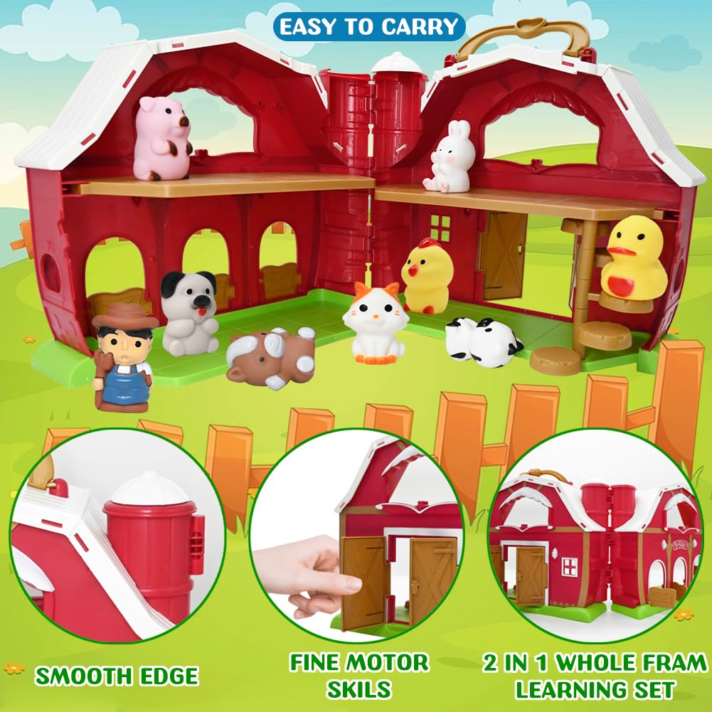 Big Red Barn Farm Animal Toy for 1 2 3 Years Old Toddlers, Preschool Montessori Learning Toys, Pretend Farm Playset with Animal Finger Puppets & Farmer, Christmas Birthday Gift for Boys Girls