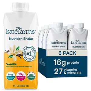 KATE FARMS Organic Nutrition Shake, Vanilla, 16g protein, 27 Vitamins and Minerals, Protein Meal Replacement Drink, Plant Based, 11 oz (6 Pack)