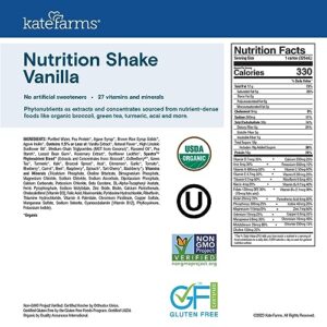 KATE FARMS Organic Nutrition Shake, Vanilla, 16g protein, 27 Vitamins and Minerals, Protein Meal Replacement Drink, Plant Based, 11 oz (6 Pack)