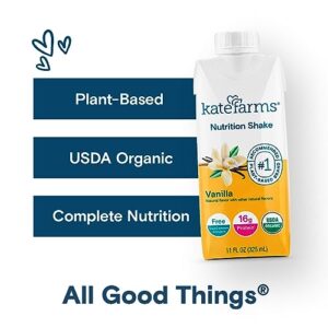 KATE FARMS Organic Nutrition Shake, Vanilla, 16g protein, 27 Vitamins and Minerals, Protein Meal Replacement Drink, Plant Based, 11 oz (6 Pack)