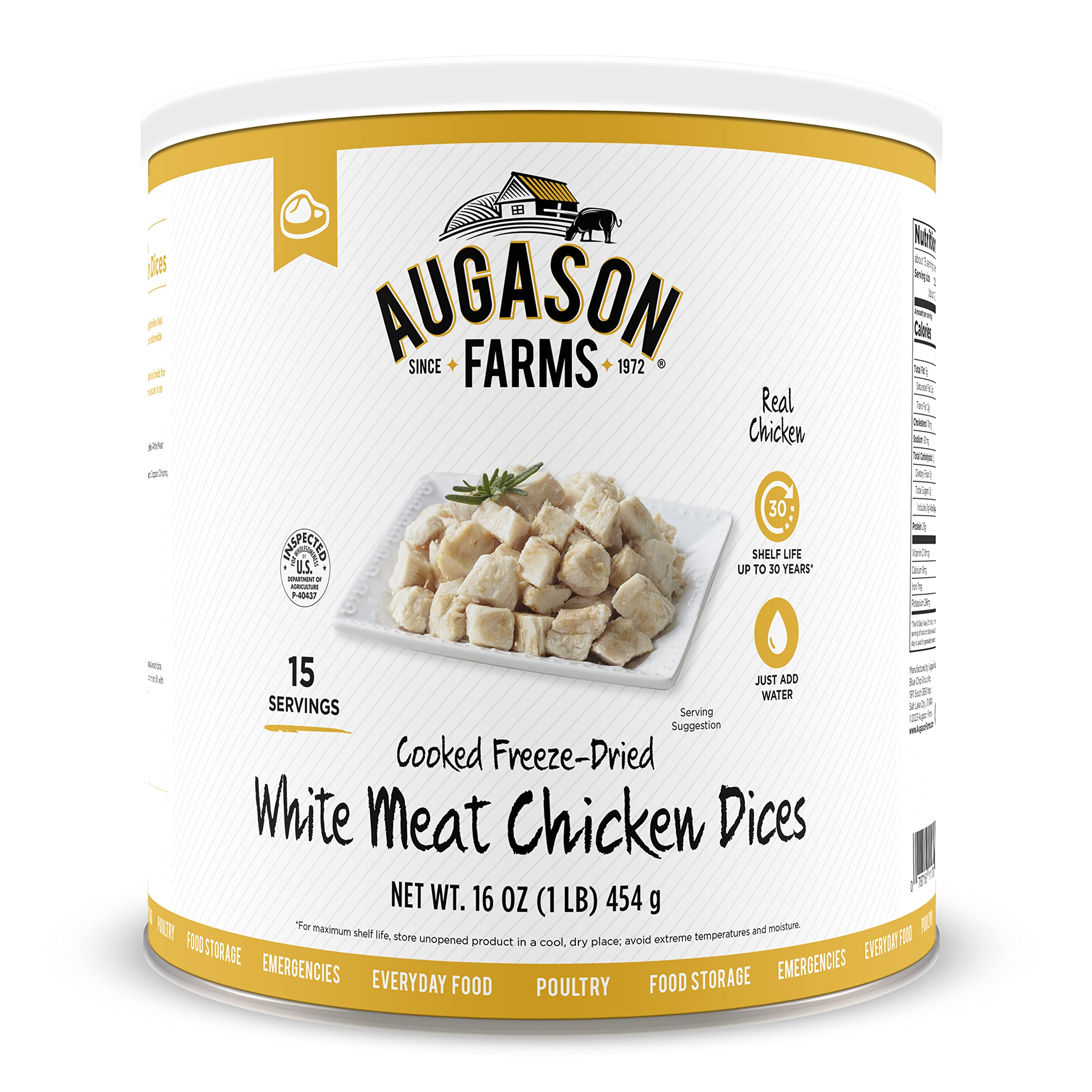 Augason Farms Freeze-Dried White Meat Chicken 100% Real Precooked Chicken Long-Term Food Storage Large Can, 16 oz