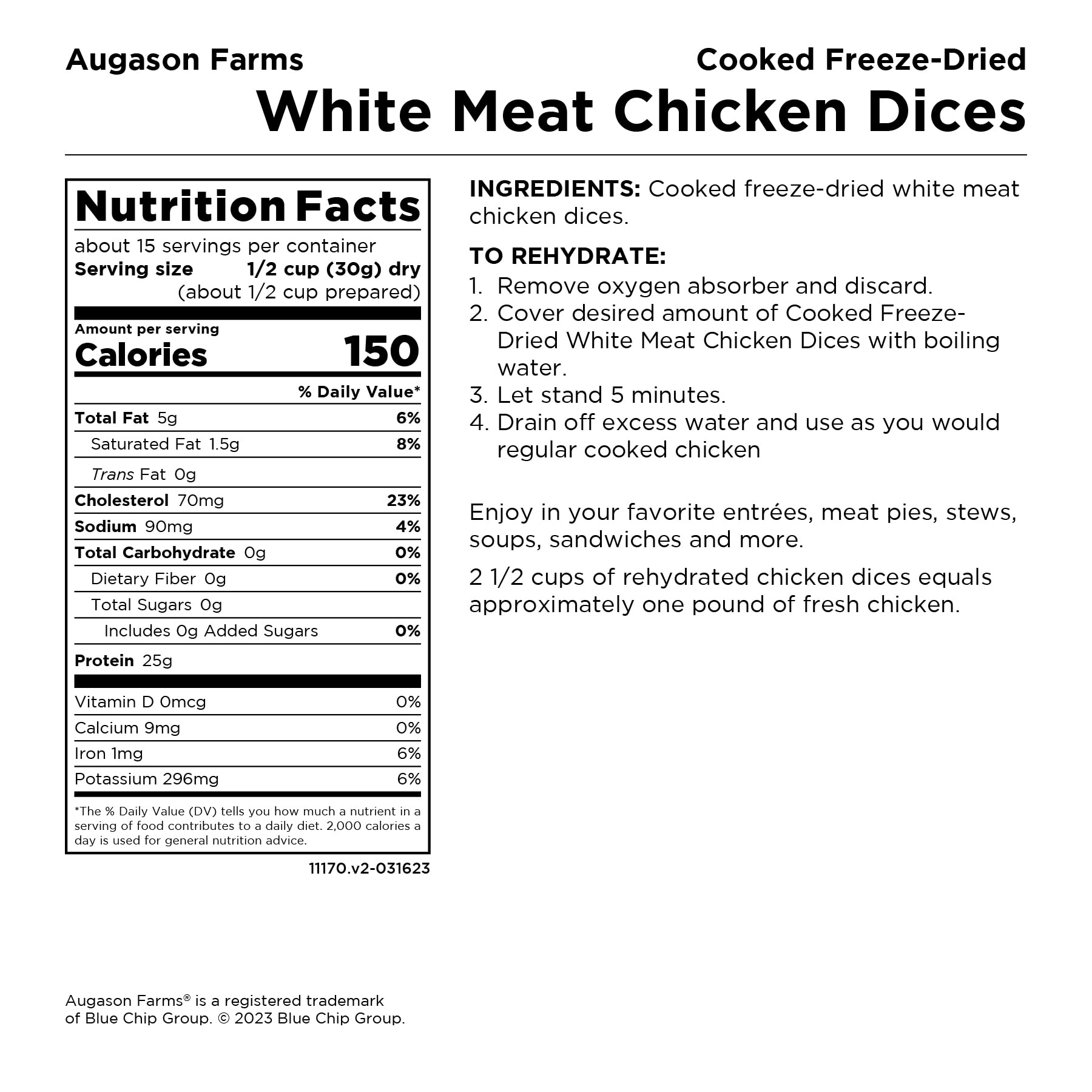 Augason Farms Freeze-Dried White Meat Chicken 100% Real Precooked Chicken Long-Term Food Storage Large Can, 16 oz