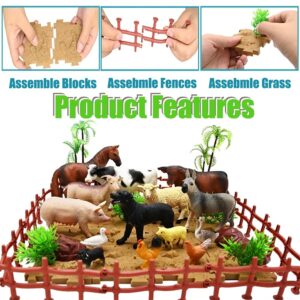 Farm Animals Figurines Toys, 53PCS Realistic Plastic Farm Playset with Fences Soil Puzzle Blocks, Farm Figures Learning Educational Toys for Boys Girls, Toddlers Cupcake Topper Birthday Set