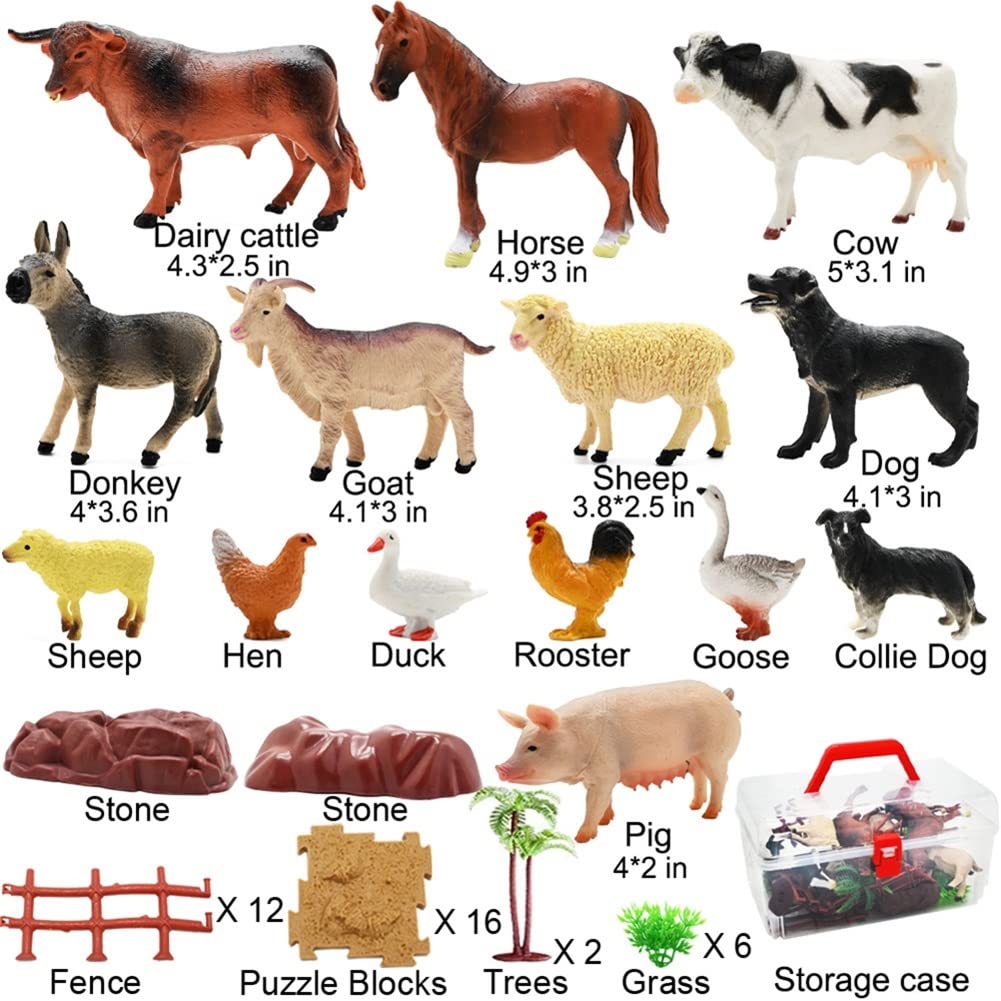 Farm Animals Figurines Toys, 53PCS Realistic Plastic Farm Playset with Fences Soil Puzzle Blocks, Farm Figures Learning Educational Toys for Boys Girls, Toddlers Cupcake Topper Birthday Set