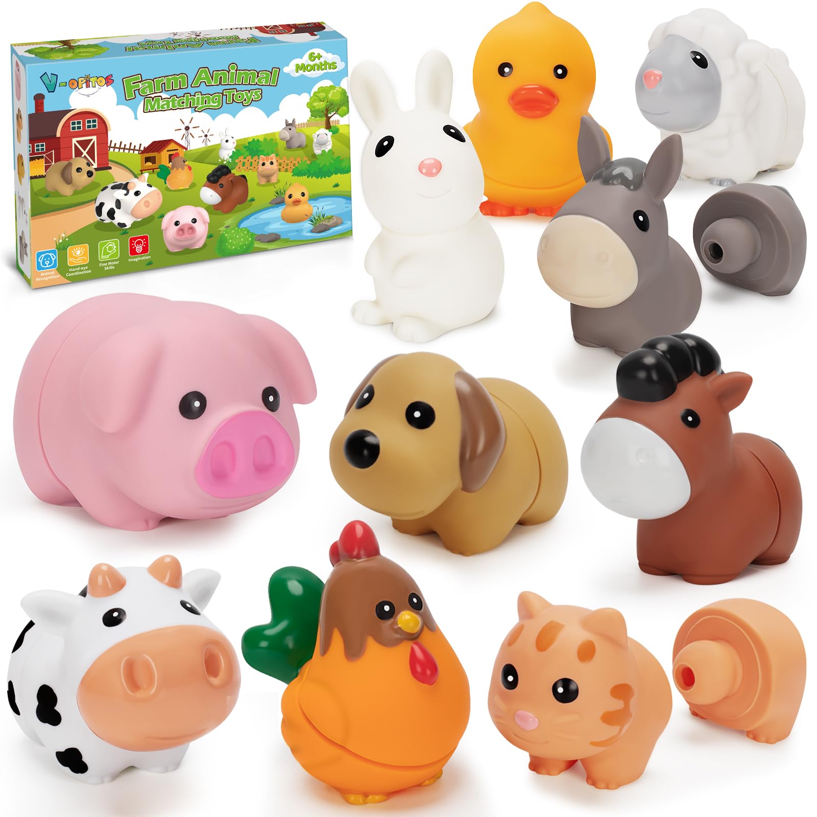 V-Opitos 10 Pack Farm Animal Matching Toys, Montessori Gifts for 1-3 Year Old Toddlers