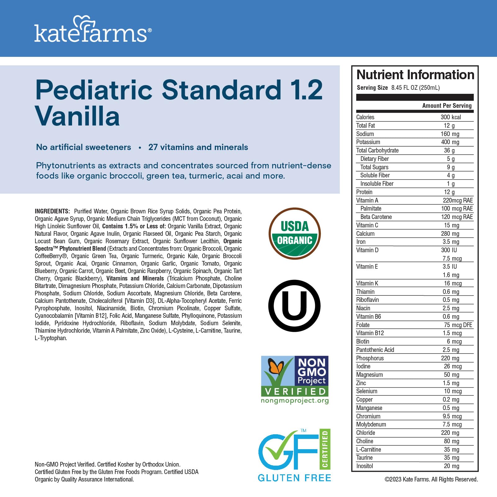 KATE FARMS Organic Plant Based Pediatric 1.2 Sole-Source Nutrition Shake, Vanilla, 12g protein, 27 Vitamins and Minerals, High Calorie Meal Replacement, Gluten Free, 8.45 oz (6 pack)