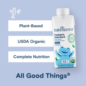 KATE FARMS Organic Plant Based Pediatric 1.2 Sole-Source Nutrition Shake, Vanilla, 12g protein, 27 Vitamins and Minerals, High Calorie Meal Replacement, Gluten Free, 8.45 oz (6 pack)