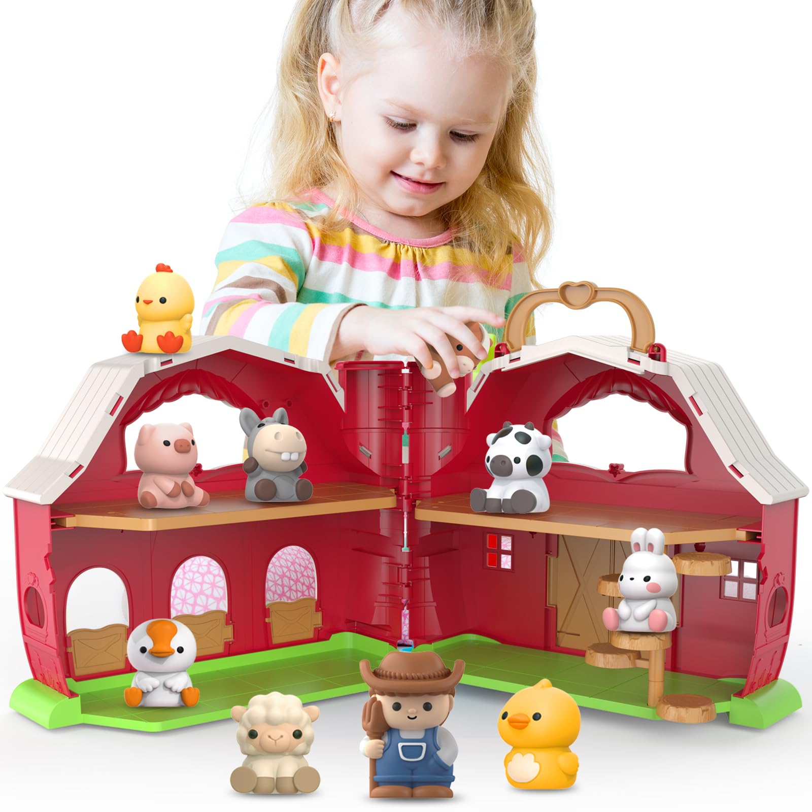 AuroTops Toys for 1 2 3 Years Old Boys and Girls, Big Barn Toy with Farm Animal, Preschool Montessori Toy, Farm Pretend Playset with Big Red Barn & Farmer, Easter Gift Toy for Toddlers