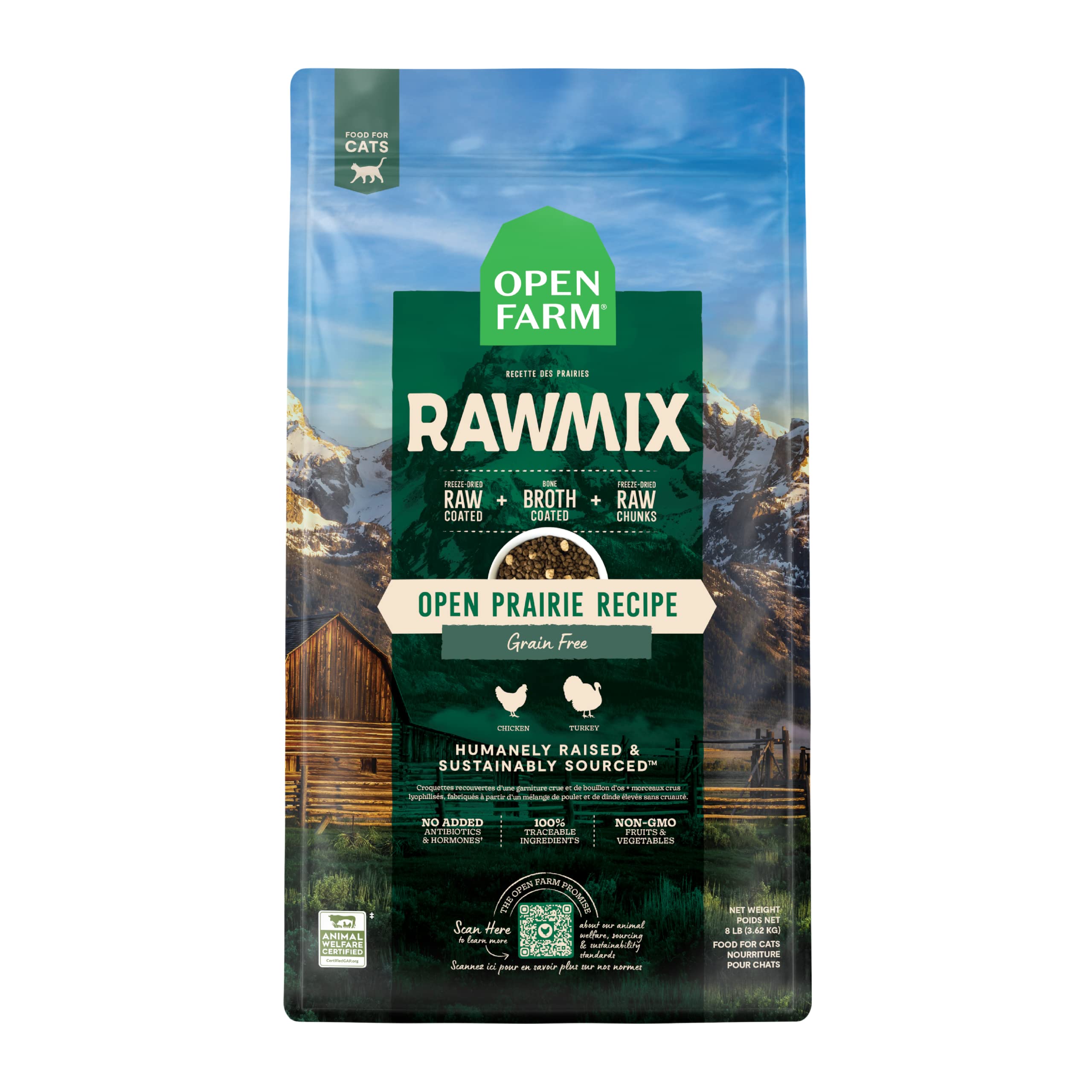 Open Farm RawMix Prairie Recipe for Cats, includes Kibble, Bone Broth, and Freeze Dried Raw, Inspired by The Wild, Humanely Raised Protein and Non-GMO Fruits and Veggies, 8 lb