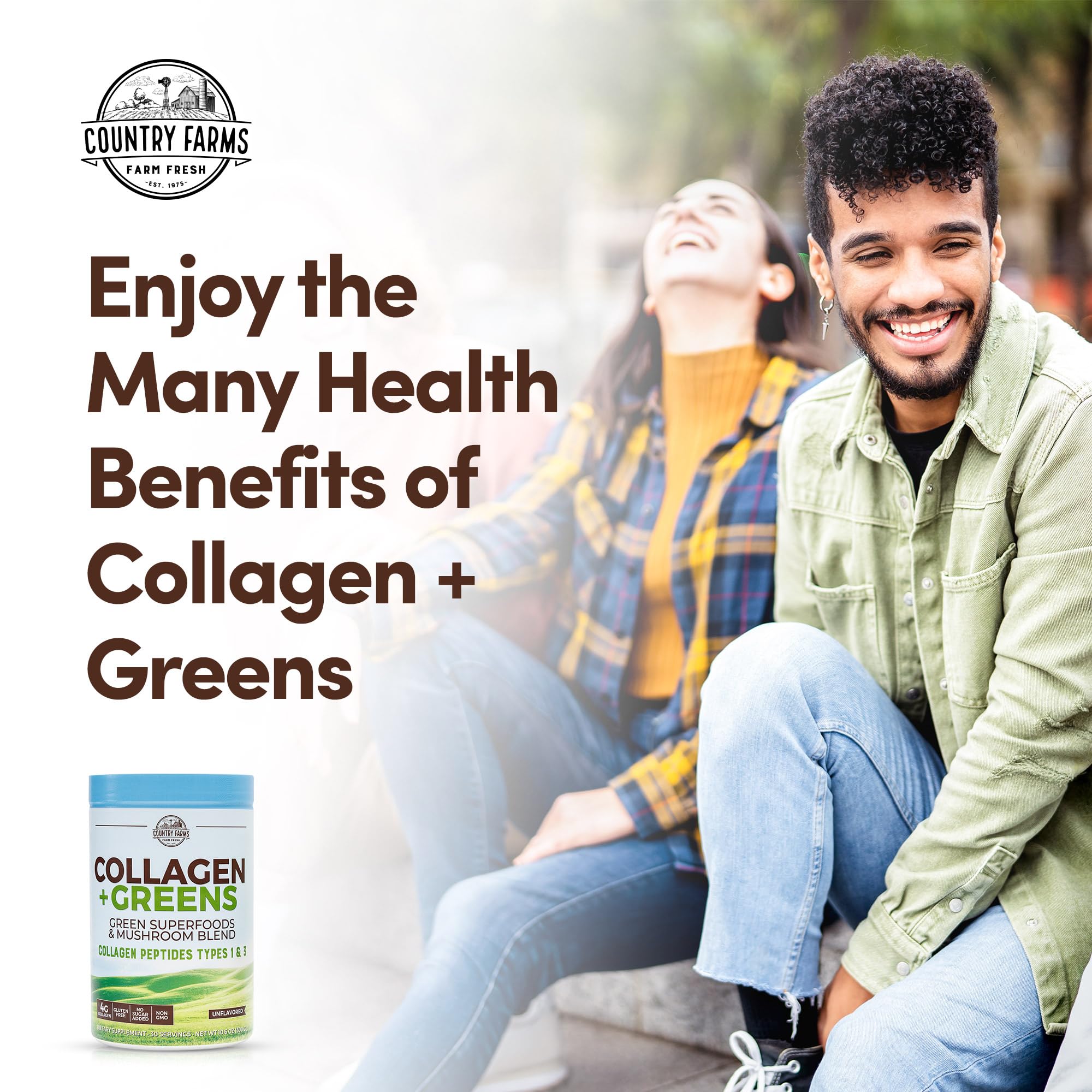 COUNTRY FARMS Collagen Peptides Powder with Greens Dietary Powder Supplement (Type I, III) for Skin Hair Nail and Joints, Dairy/Gluten/Sugar Free, Energizing Superfoods, 21.2 Oz, 60 Servings