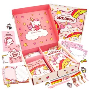 unicorn journal stationary set, unicorns gifts for girls age 5 6 7 8 9 10 12 year old, big cute stationery writing pink sticker art, kid diary notebook pen set, diy journaling kit, kawaii toys