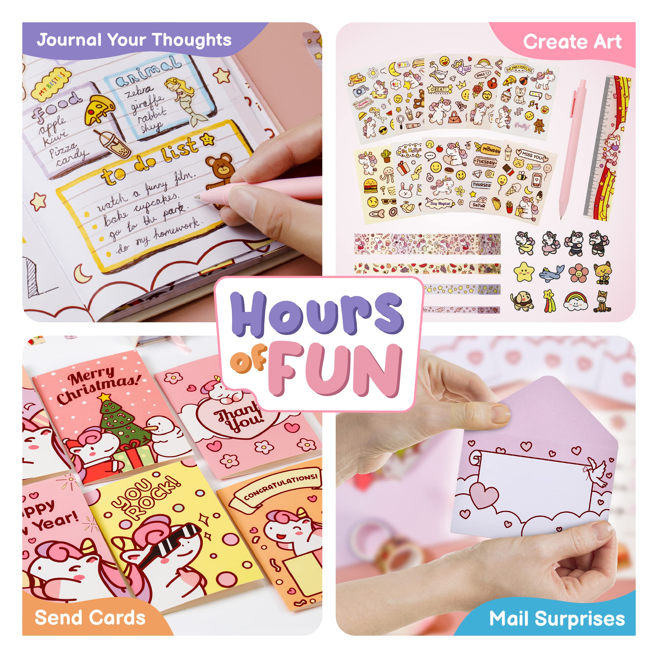 Unicorn Journal Stationary Set, Unicorns Gifts For Girls Age 5 6 7 8 9 10 12 Year Old, Big Cute Stationery Writing Pink Sticker Art, Kid Diary Notebook Pen Set, DIY Journaling Kit, Kawaii Toys