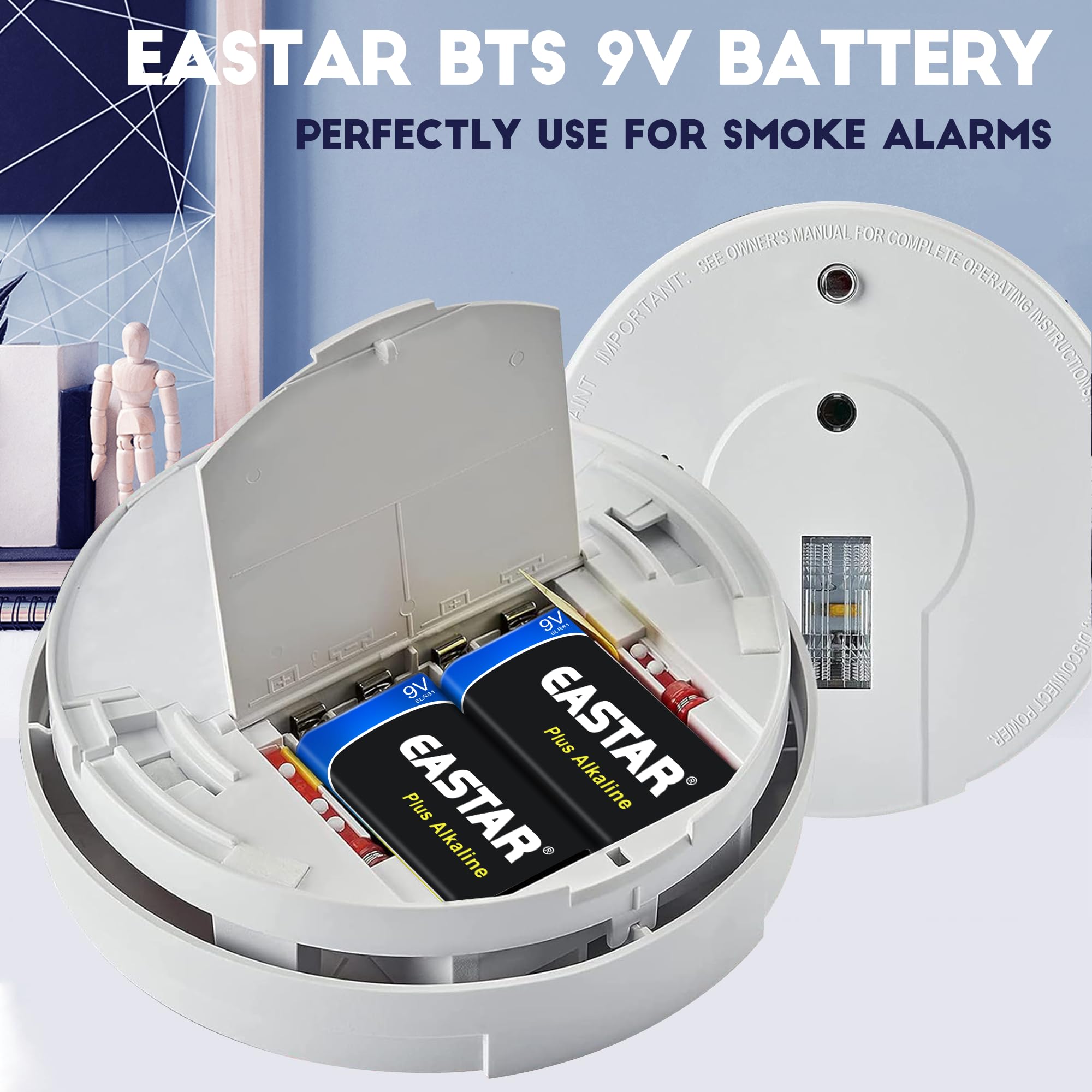 EASTAR BTS 9V Batteries - Alkaline 9 Volt Batteries (2 Pack) for Smoke Detectors, Long-Lasting Power for Low Drain Devices, 10 Year Shelf Life, All-Purpose Square Batteries 6LR61 for Household Office