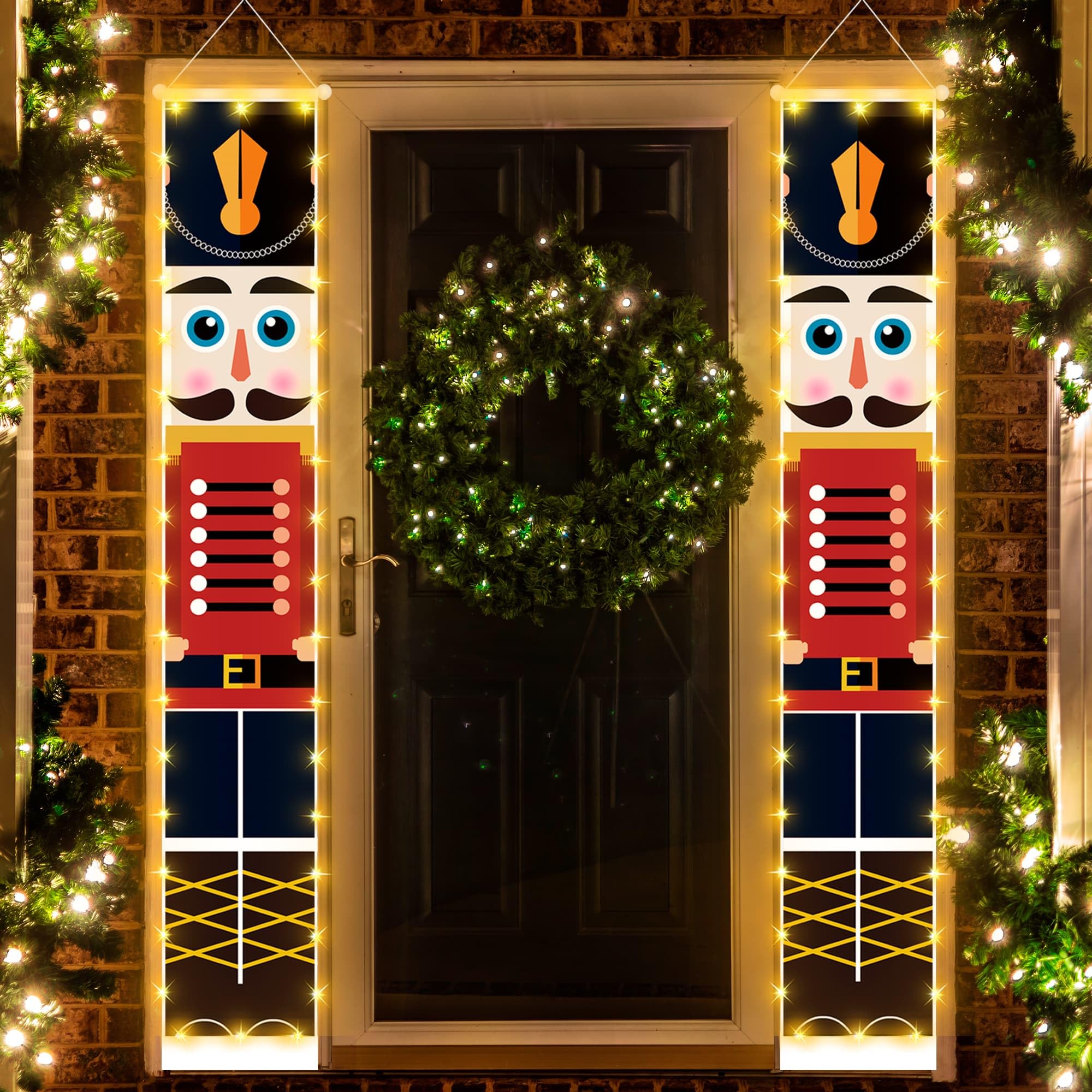 Christmas Decorations Banners with String Lights, Nutcracker Xmas Party Decor, Life Size Soldier Model Nutcracker Banners for Outdoor/Indoor Home Front Door, 600D Fabric Porch Sign