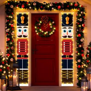 Christmas Decorations Banners with String Lights, Nutcracker Xmas Party Decor, Life Size Soldier Model Nutcracker Banners for Outdoor/Indoor Home Front Door, 600D Fabric Porch Sign