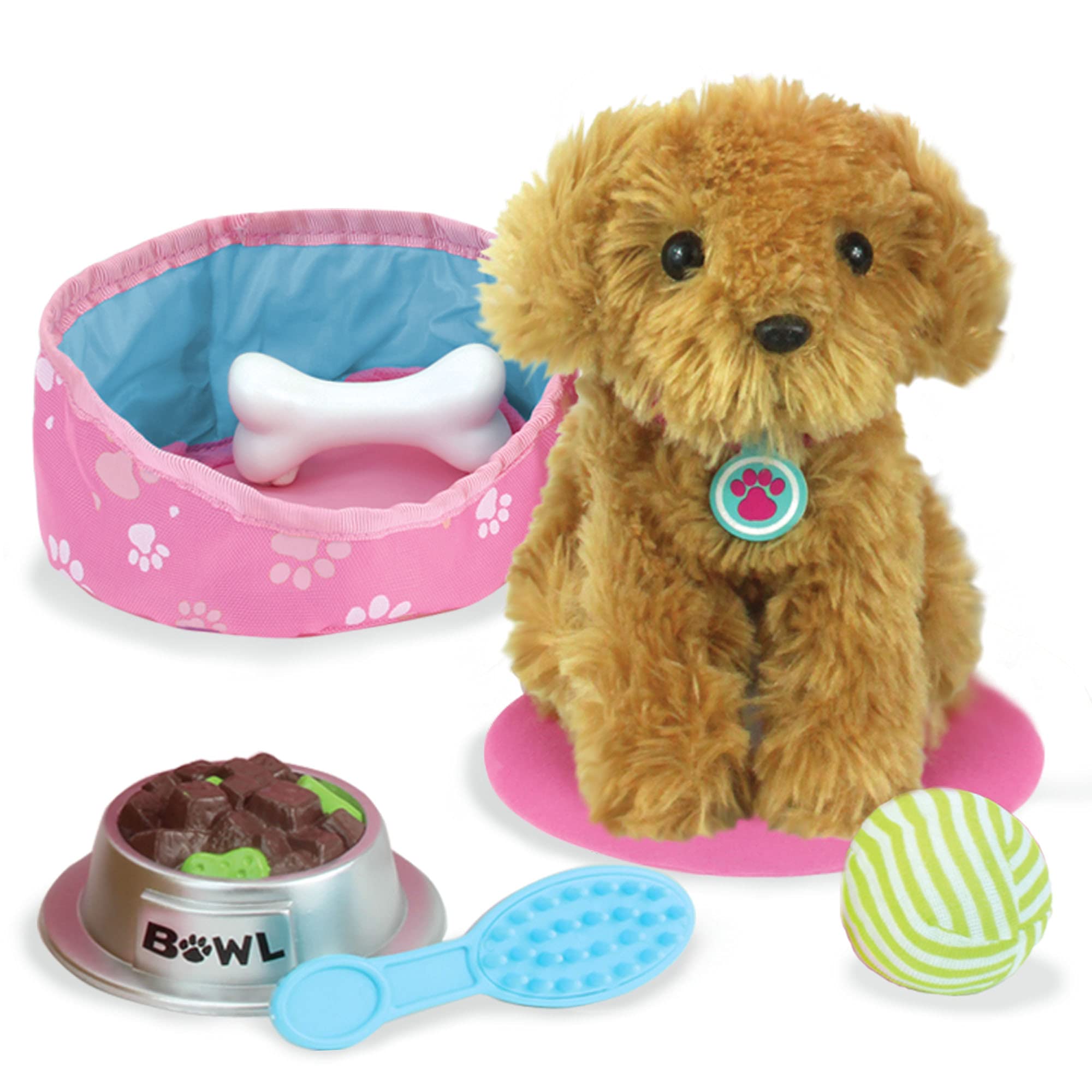 Sophia's Plush Puppy Dog and Accessories Set with Leash, Food Bowl, Brush, Toy Ball, Toy Bone, Bed, and Blanket for 18" Dolls, Multicolor