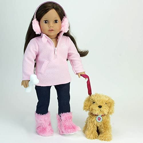 Sophia's Plush Puppy Dog and Accessories Set with Leash, Food Bowl, Brush, Toy Ball, Toy Bone, Bed, and Blanket for 18" Dolls, Multicolor