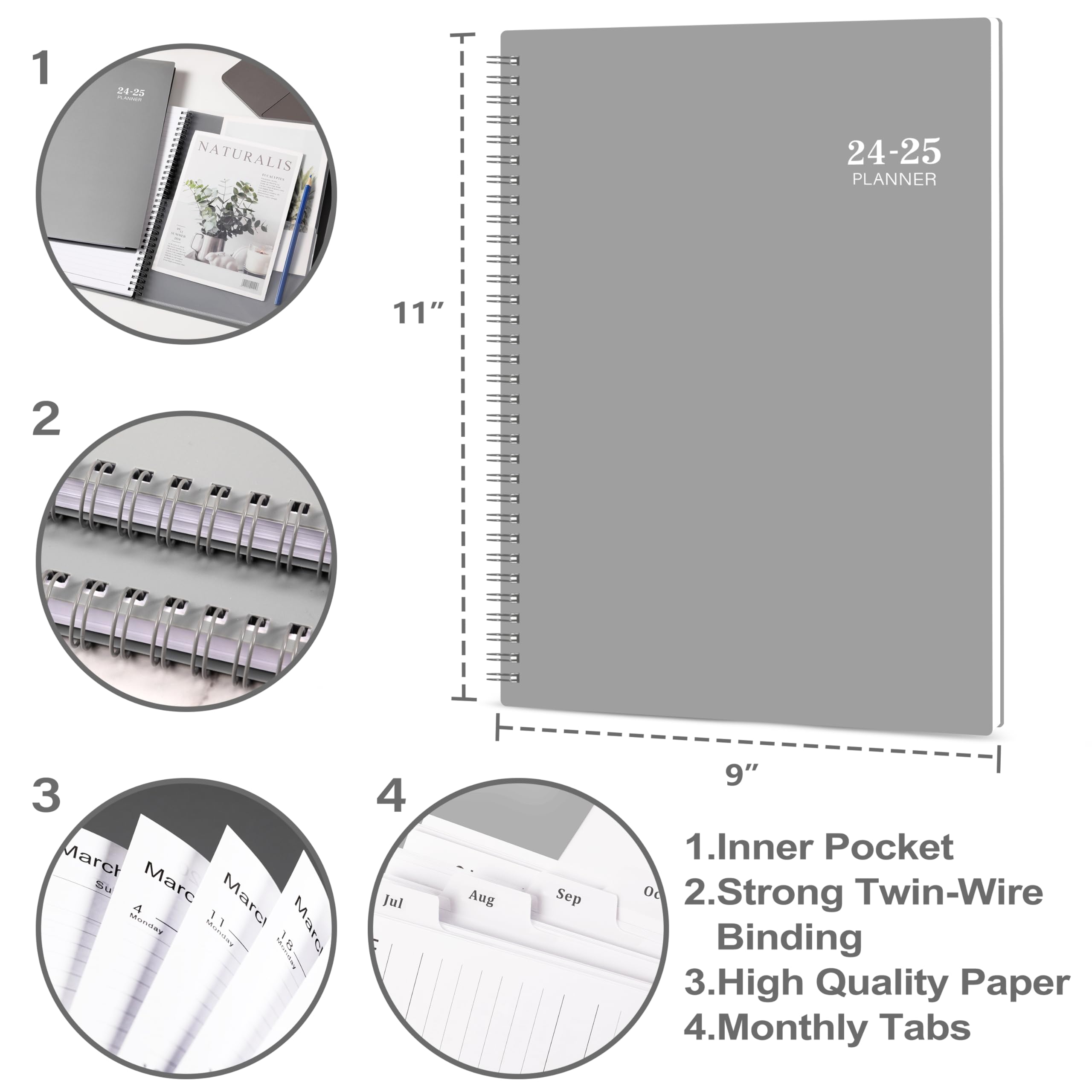 2024-2025 Planner - Weekly and Monthly Planner 2024-2025, 9” × 11”, Planner 2024-2025 from JUL. 2025 to JUN. 2025, Inner Pocket, Premium Paper, Twin-wire Binding, Make Life Productive - Gray