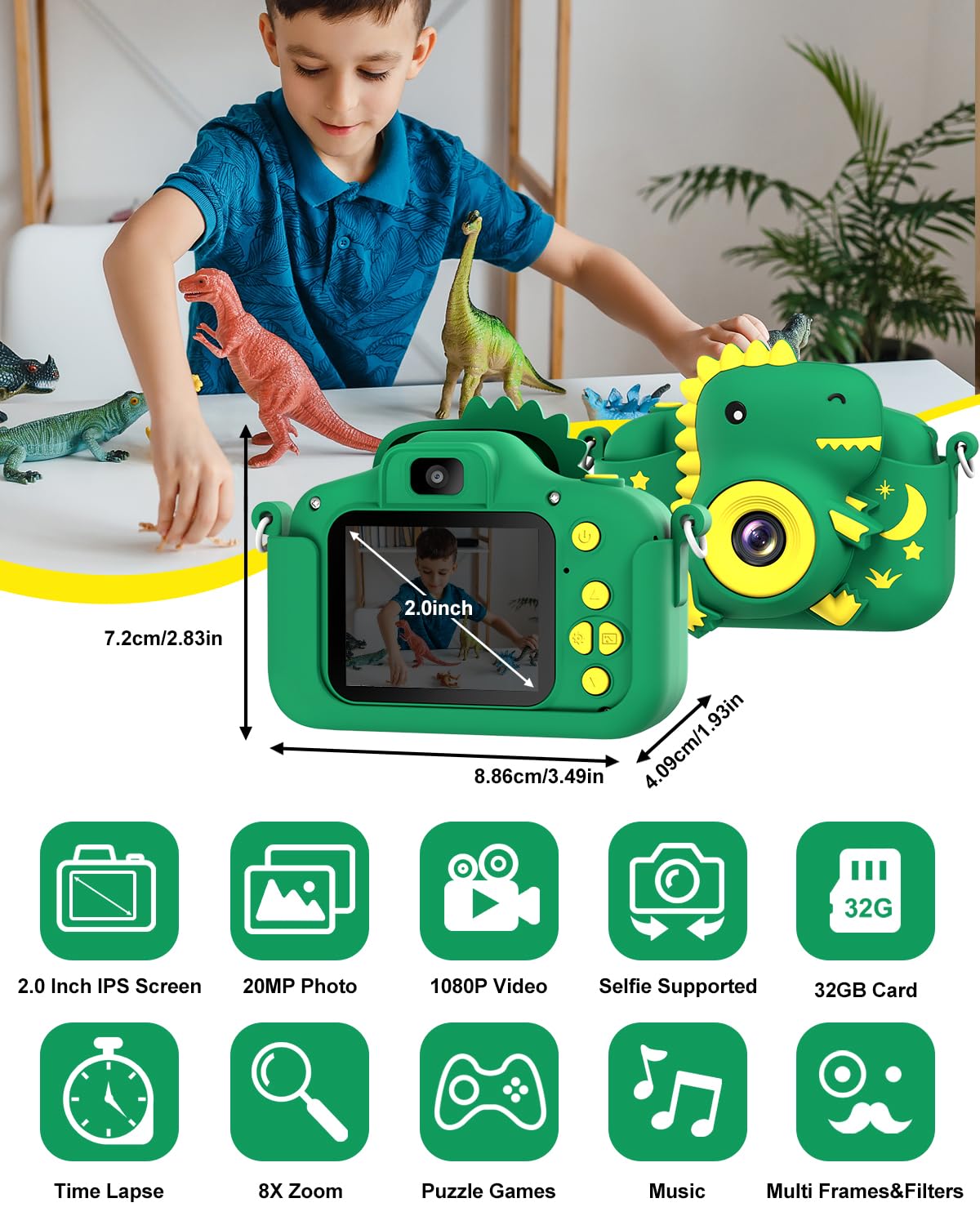 Kids Camera, Dinosaur Toddler Digital Camera for Ages 3-12 Boys Girls Childrens, Christmas Birthday Gifts, Selfie 1080P HD Video Camera for 3 4 5 6 7 8 9 Years Old Boys Girls Toys Gifts