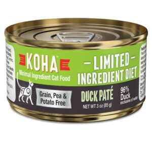 koha limited ingredient diet duck pate for cats - single meat wet cat food for sensitive stomachs - pate cat food with no fillers - 3oz pack of 24