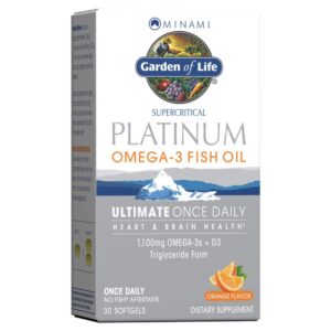 garden of life minami supercritical platinum omega 3 fish oil supplement - orange, 30 softgels, ultimate once daily fish oil omega 3 for heart & brain health, 1100mg omega-3s + 1,000 iu vitamin d3