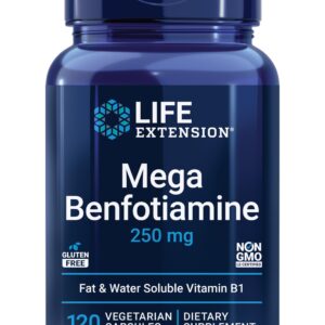 Life Extension Mega Benfotiamine, 250 mg, a fat-soluble form of thiamine, healthy metabolism, ultra-bioavailable vitamin B1, high potency, gluten-free, non-GMO, vegetarian, 120 capsules