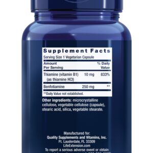 Life Extension Mega Benfotiamine, 250 mg, a fat-soluble form of thiamine, healthy metabolism, ultra-bioavailable vitamin B1, high potency, gluten-free, non-GMO, vegetarian, 120 capsules